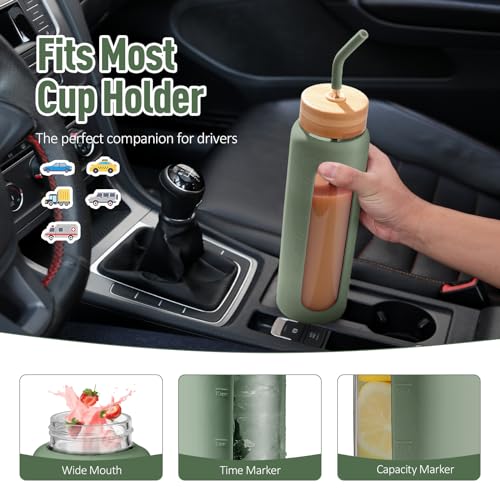 Kodrine 32oz Glass Water Bottle with Straw, Glass Drinking Bottle with 2 lids-Bamboo and Spout Lid, Leakproof Daily Water Intake Bottle with Time Marker for Home,Outdoor Sports, BPA free, Olive - Image 5
