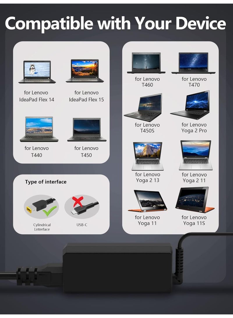 Terabyte 65W Laptop Charger for Lenovo,Yellow Adapter for Lenovo T430 T440 T450 T460 T560 E431 E440 E531 E540,Yoga 2 11 11S 13,Thinkpad X/E/S/L/B/U/T/K/Z/Y/G/Yoga Ideapad Power Supply(Not Type C) - Image 2