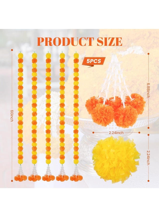 ديوالي ديكورات البنود,5PCs 5Feet طويل زهرة الماريجولد الاصطناعية, الماريجولد كرلاند للديكور,ديوالي ديكور,الديكور الهندي لحفلات الزفاف,عيد الميلاد,الأحداث الثقافية (البرتقالي الأصفر) - Image 3