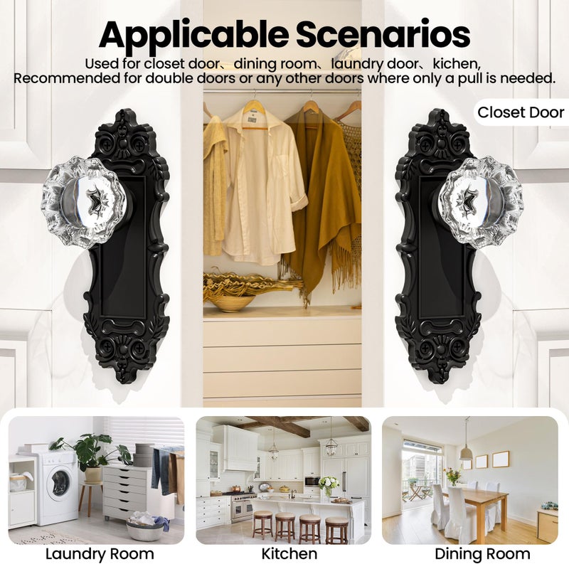 CEYMIO Antique Dummy Door Knobs Interior Matte Black 2 Pack Doorknob Crystal Glass Closet Door Handle Vintage Door Pulls for Pantry Door - Image 2