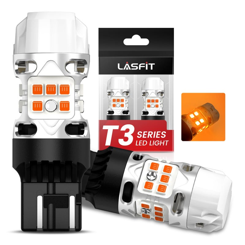 مصباح LED LASFIT 7440 مضاد لوميض هايبر Canbus 7443 إشارة انعطاف أمامية أو خلفية 7444na 7441 7444 7440NA W21W WY21W مصابيح بدون حاجة لمقاوم تحميل محدثة لون كهرماني عبوة من 2