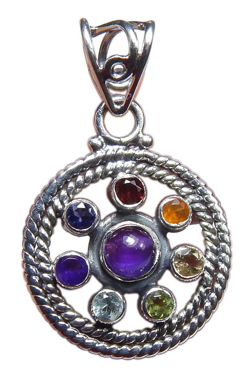 Myhealingworld 7 Chakra Pendant 925 Stamped Sterling Silver Multi Color Gemstone Round Pendant Healing Jewelry Good Luck Charm Amethyst