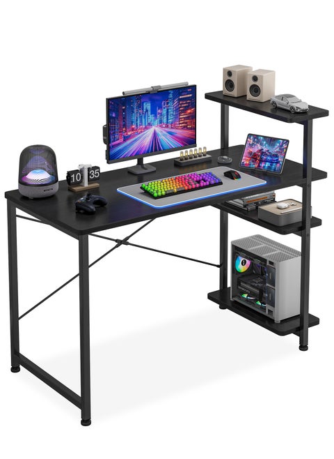 Black Computer Desk with 4-Tier Shelves, Space-Saving Home Office Desk for Study & Writing, Compact Workstation Table with Storage, 110x45x73cm