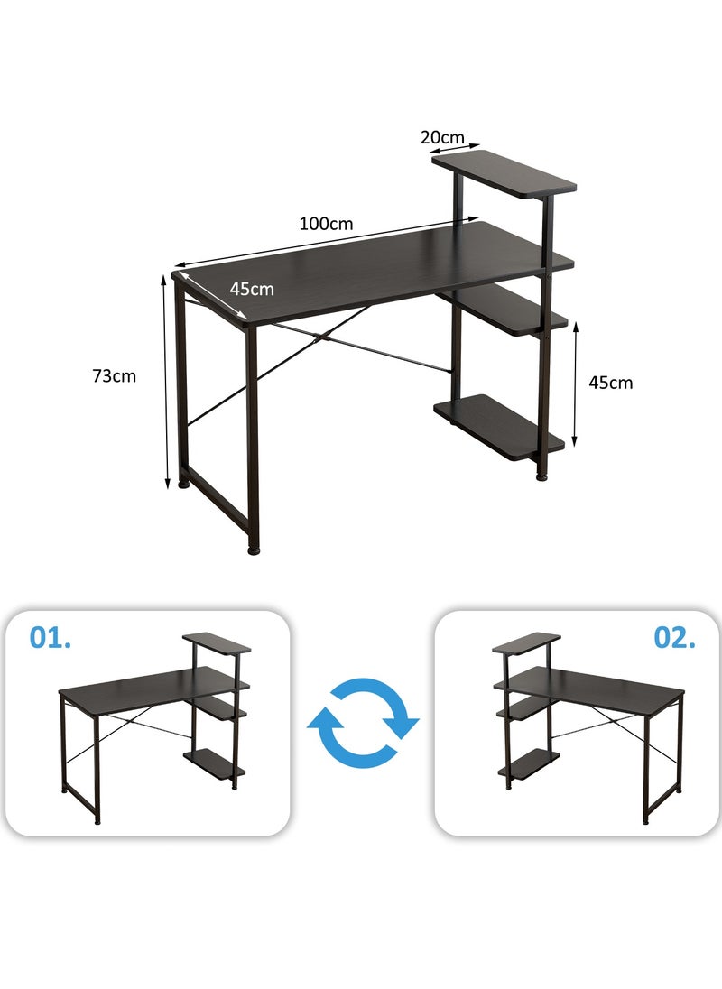 JANTENS - Black Computer Desk with 4-Tier Shelves, Space-Saving Home Office Desk for Study & Writing, Compact Workstation Table with Storage, 110x45x73cm - Image 1