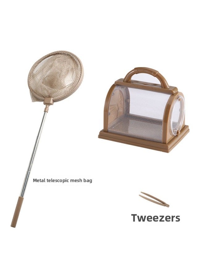 Children's Outdoor Adventure Magnifier Insect Trapper Tool Insect Net Observation Box erfly Clip Toy-Specifications:Large Observation Cage Coffee Color + Mesh Bag, Free Tweezers  - Image 1