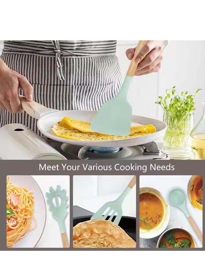 إسكدنيا طقم أدوات مطبخ سيليكون 12 قطعة، مقبض خشبي أواني الطهي غير لاصقة مقاومة للحرارة خالية من BPA، مجموعة أدوات تحريك المطبخ (أخضر فاتح) - Image 2