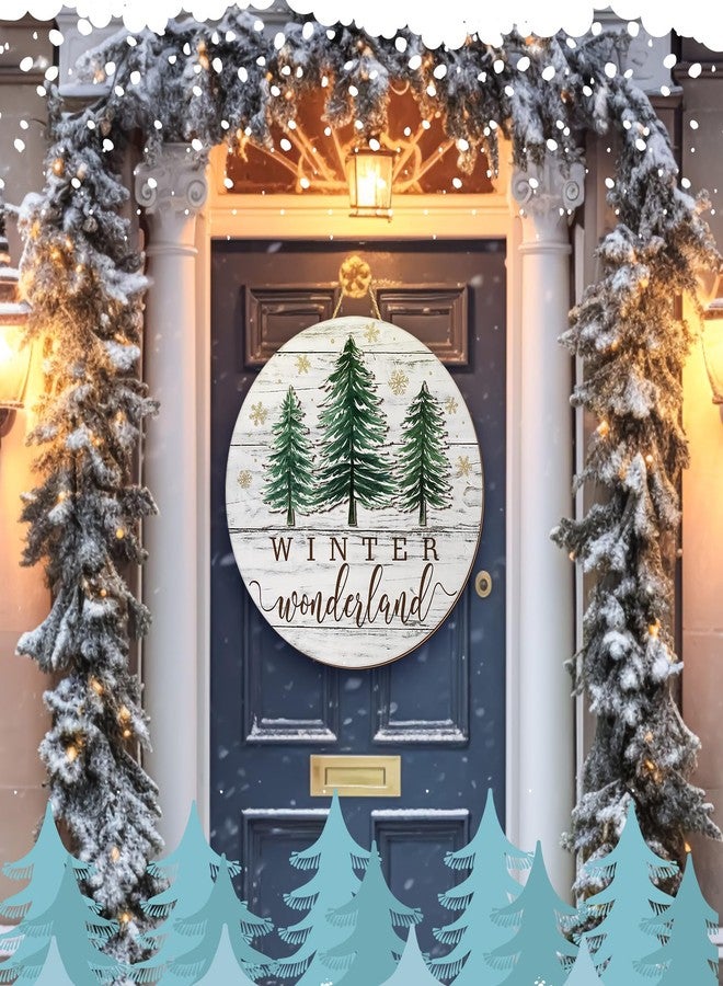 Beeveer Winter Welcome Door Sign Christmas Welcome Sign Wooden Pine Trees Round Hanging Signs Winter Farmhouse Wreath Plaque White Snowflake Holiday Porch Decor for Home Wall Porch Yard - Image 3