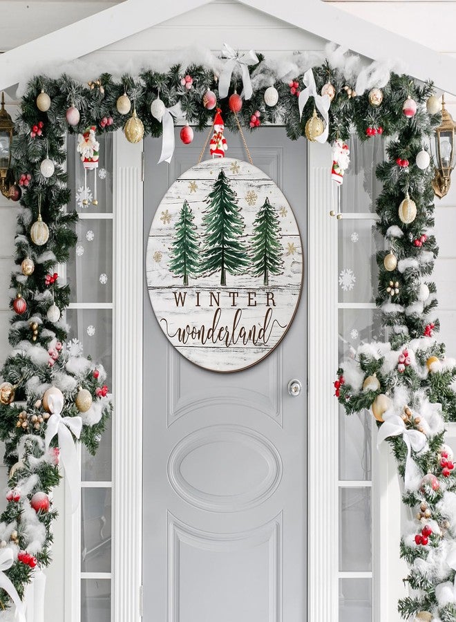 Beeveer Winter Welcome Door Sign Christmas Welcome Sign Wooden Pine Trees Round Hanging Signs Winter Farmhouse Wreath Plaque White Snowflake Holiday Porch Decor for Home Wall Porch Yard - Image 5