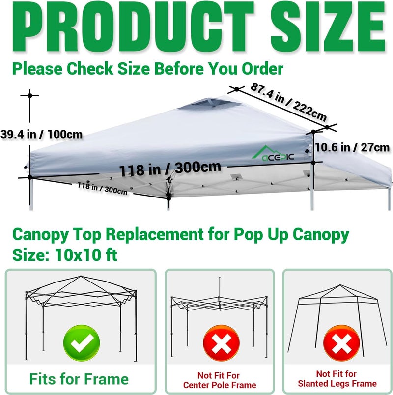 Acepic 10x10 Canopy Replacement Top Cover with Air Vent,UPF 50+ UV protection,300D Silver-coated Polyester PA Waterproof flame retardant for Outdoor Garden Patio Canopies(Top Cover Only, Light Grey) - Image 2