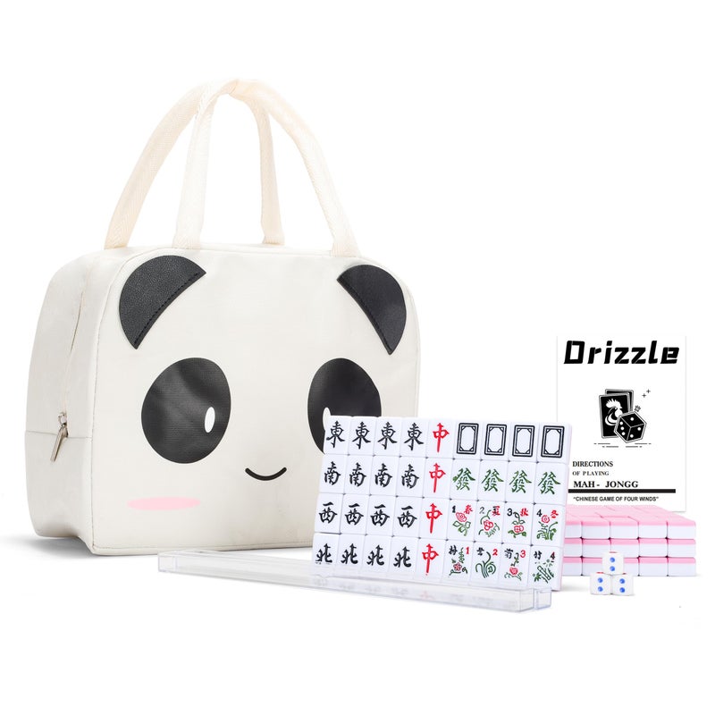drizzle Pink 24mm Travel Mahjong Game Set Mini Panda - 0.9" Portable 144 Tiles - 4Pcs Racks Melamine Material Mah-Jong Family Leisure Time 2.76 Pounds - æ—…è¡Œéº»å°† - Image 1