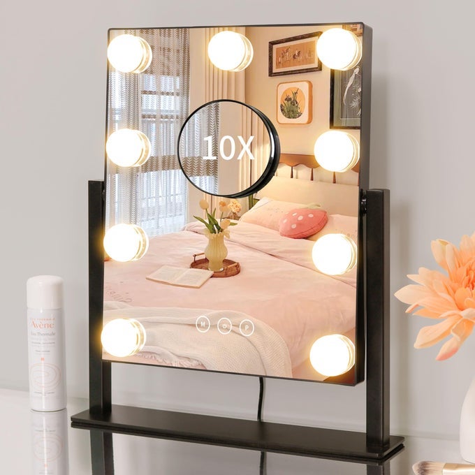 VANITY MIRROR WITH LIGHTSLIGHTED VANITY MIRROR WITH 9 DIMMABLE BULBS FOR DRESSING ROOM BEDROOM3 COLOR LIGHTINGMODES DETACHABLE 10X MAGNIFICATION 360RATATION BLACK 12 L X 144 W
