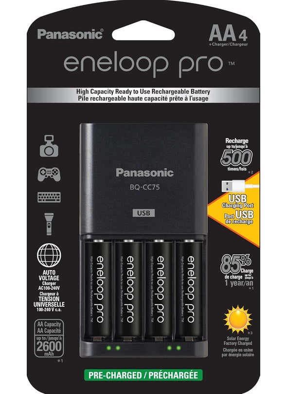 Panasonic KKJ75KHC4BA Advanced Battery Charger with USB Charging Port and 4AA eneloop pro High Capacity Rechargeable Batteries