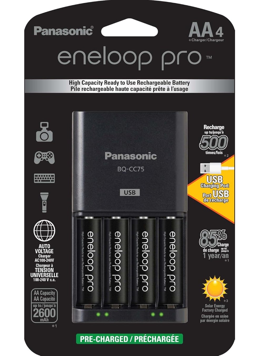 eneloop Panasonic KKJ75KHC4BA Advanced Battery Charger with USB Charging Port and 4AA eneloop pro High Capacity Rechargeable Batteries  - Image 1