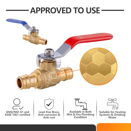 HeSun 10 PCs HeSun 12 Inch PEX A Expansion Ball ValveBrass Shut Off Valve for Hot and Cold Water Fit PEX A Expansion Pipe ASTM F1960RedBlueVALVE149 - Image 3