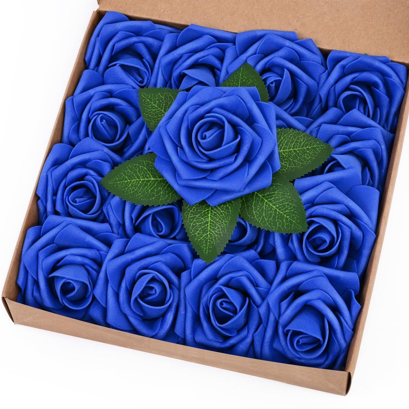BLEUM CADE 16Pcs Artificial Flowers Fake Roses with Stems, Royal Blue Boxed Foam Roses for DIY Bouquets Centerpieces Wedding Party Arrangement Bridal Shower Decor - Image 1