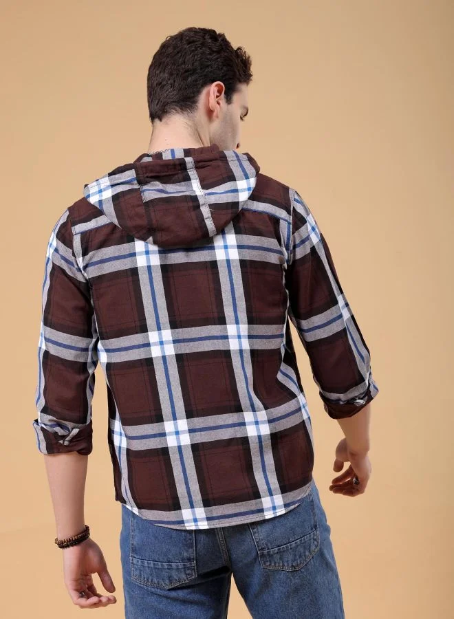 شركة المرآب الهندية Men Regular Fit Checkered Full Sleeves Hooded Street Wear Over Shirt
