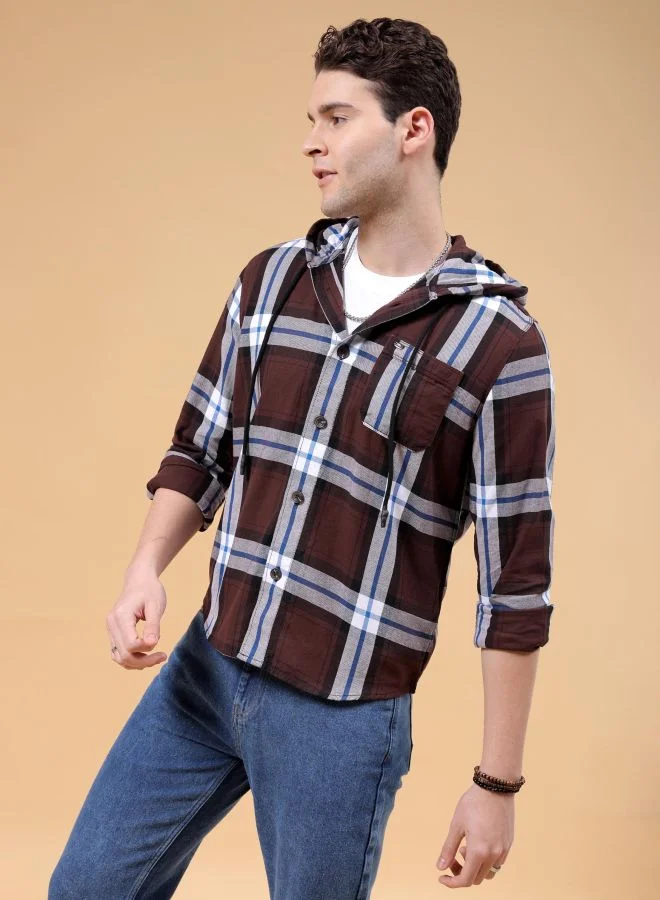 شركة المرآب الهندية Men Regular Fit Checkered Full Sleeves Hooded Street Wear Over Shirt