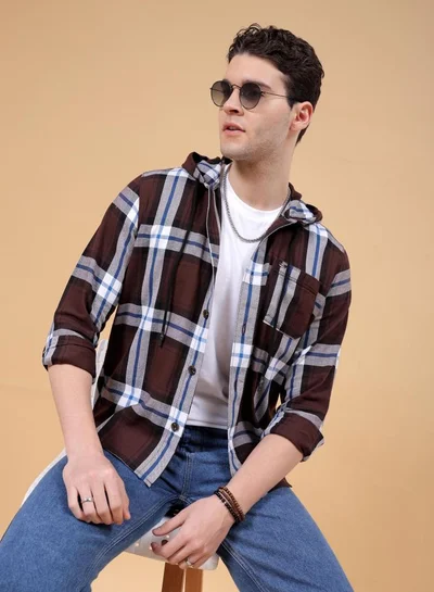 شركة المرآب الهندية Men Regular Fit Checkered Full Sleeves Hooded Street Wear Over Shirt
