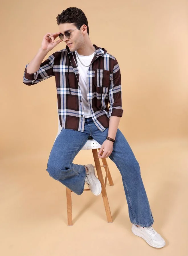 شركة المرآب الهندية Men Regular Fit Checkered Full Sleeves Hooded Street Wear Over Shirt