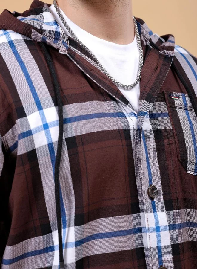 شركة المرآب الهندية Men Regular Fit Checkered Full Sleeves Hooded Street Wear Over Shirt