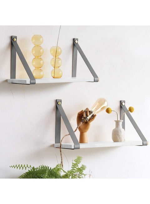PU Gray Leather Strap Wall Floating Shelf White