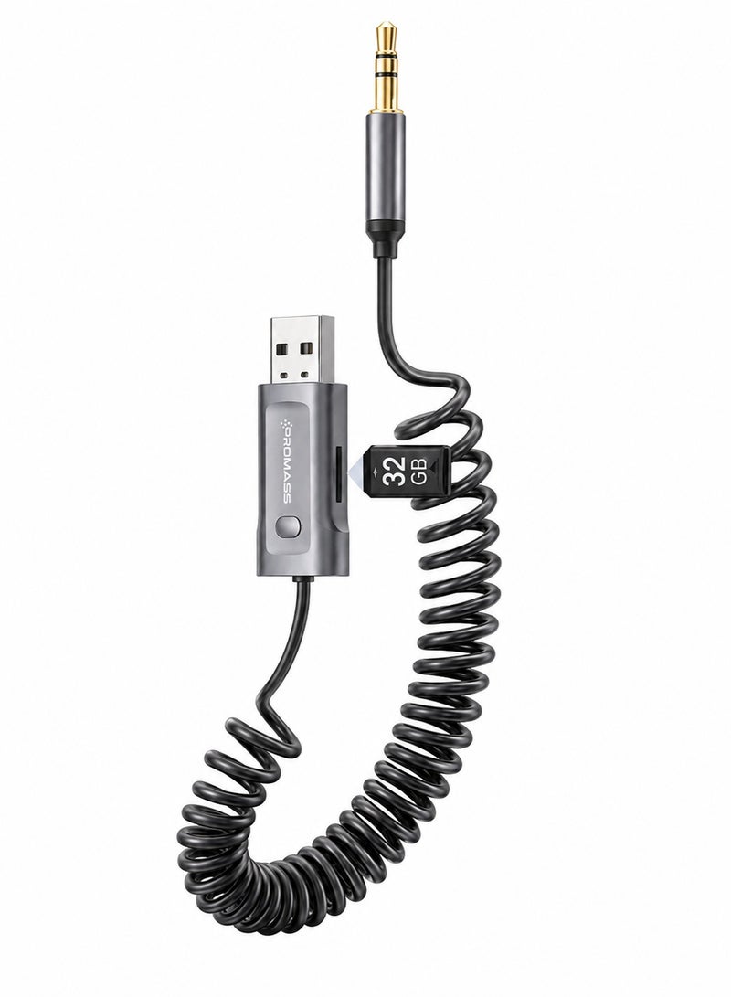 PROMASS PM21356, Car AUX-to-Bluetooth adapter featuring a 3.5mm LDAC Bluetooth receiver; wireless car adapter (USB to 3.5mm) with a built-in microphone for hands-free calls; plug-and-play functionality with automatic car speaker activation; supports Bluetooth and TF cards (up to 32GB); includes noise reduction, a multi-function control button, and a flexible, tangle-resistant coiled cable. - Image 1