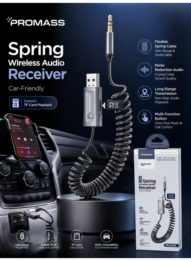 PROMASS PM21356, Car AUX-to-Bluetooth adapter featuring a 3.5mm LDAC Bluetooth receiver; wireless car adapter (USB to 3.5mm) with a built-in microphone for hands-free calls; plug-and-play functionality with automatic car speaker activation; supports Bluetooth and TF cards (up to 32GB); includes noise reduction, a multi-function control button, and a flexible, tangle-resistant coiled cable. - Image 2