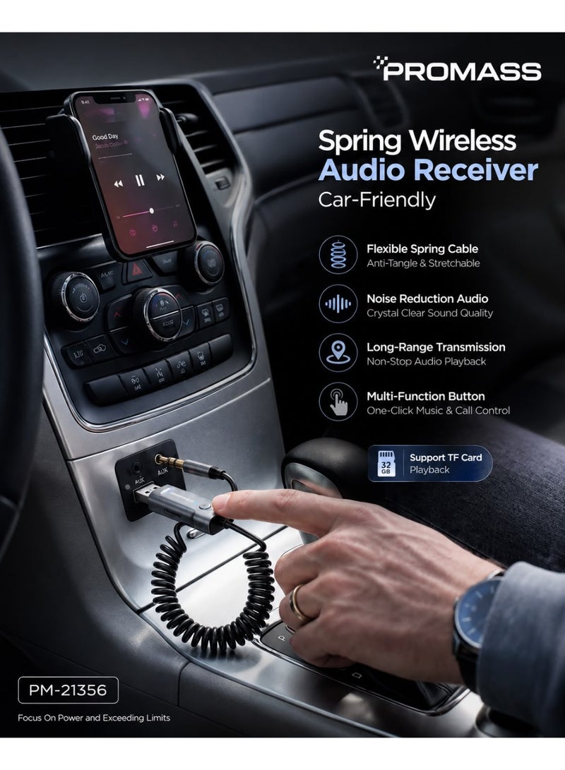 PROMASS PM21356, Car AUX-to-Bluetooth adapter featuring a 3.5mm LDAC Bluetooth receiver; wireless car adapter (USB to 3.5mm) with a built-in microphone for hands-free calls; plug-and-play functionality with automatic car speaker activation; supports Bluetooth and TF cards (up to 32GB); includes noise reduction, a multi-function control button, and a flexible, tangle-resistant coiled cable. - Image 3