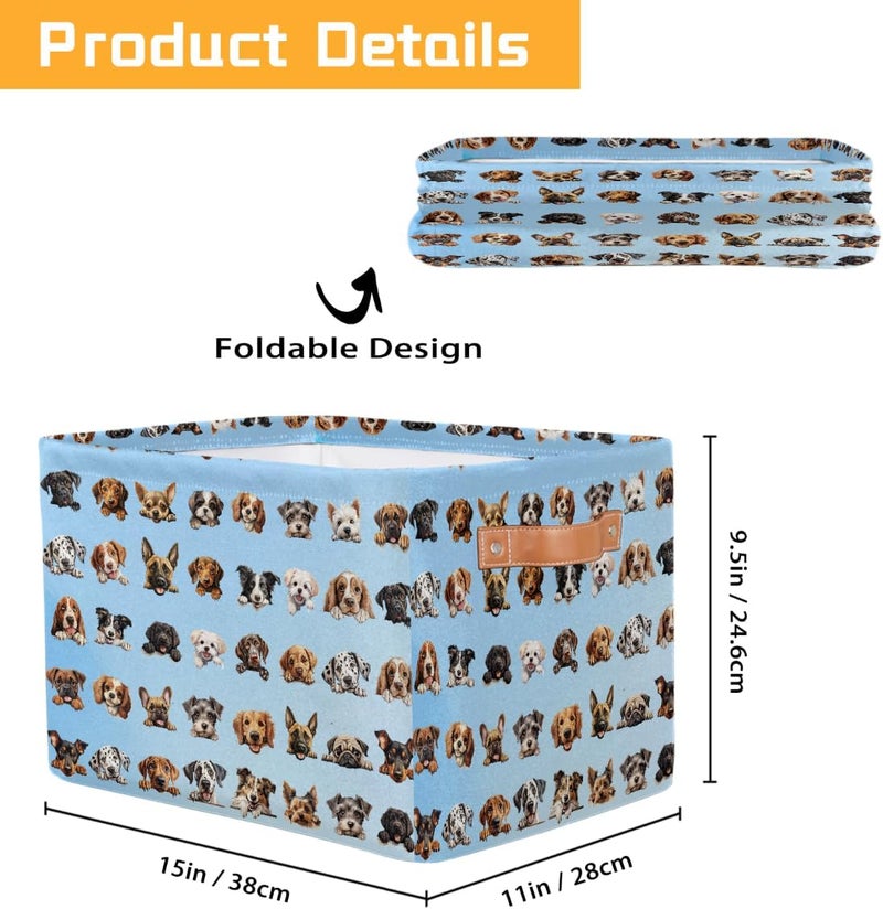 Small Storage Basket Foldable Blue Animal Dog Cube Organizer Bin with Handles Kids Toy Organizer Box Collapsible Fabric Hamper for Nursery Living Room Bedroom Decort Gifts - Image 2