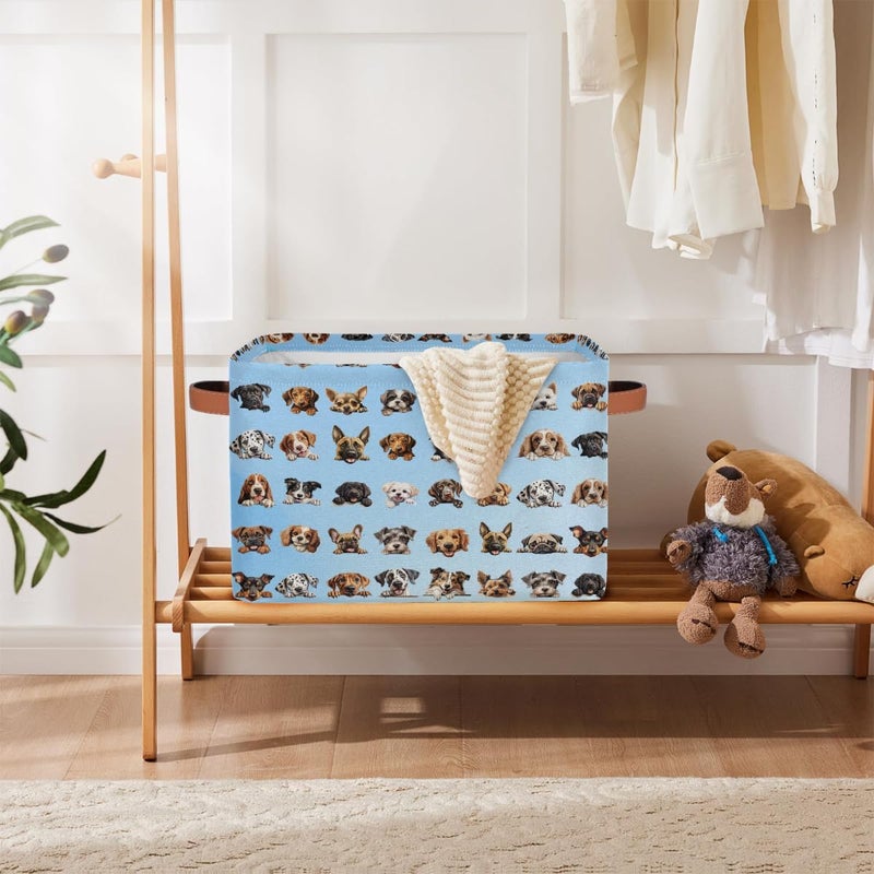Small Storage Basket Foldable Blue Animal Dog Cube Organizer Bin with Handles Kids Toy Organizer Box Collapsible Fabric Hamper for Nursery Living Room Bedroom Decort Gifts - Image 5