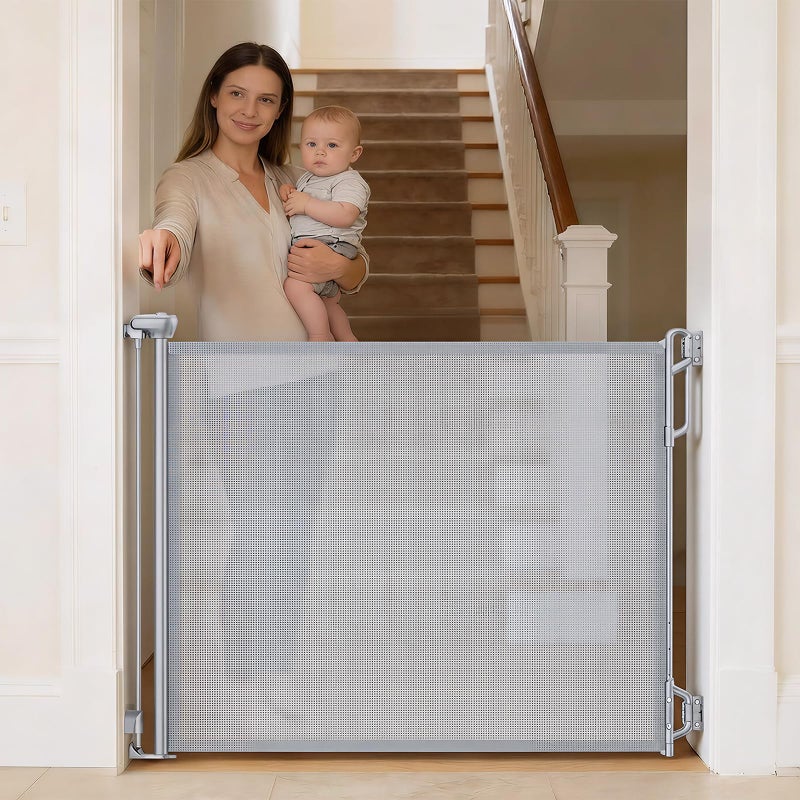 SPACEANY Retractable Safety Baby Gate or Mesh Dog Gate,Durable Portable Mesh Retractable Gate,Easy to Use for Stairs, Doorways, Hallways, Indoor, Outdoor, 33.5" Tall, Up to 45" Wide, Gray - Image 1