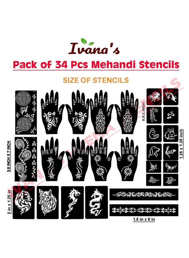 إيفاناز مجموعة إيفانا المكونة من 34 قطعة من قوالب الحناء القابلة لإعادة الاستخدام لليدين والمعصم والجسم والظهر والرقبة والوجه، مجموعة قوالب للنساء والفتيات والأطفال، سهلة الاستخدام في 4 خطوات فقط، مجموعة التصميم الهندي، A2175 - Image 4