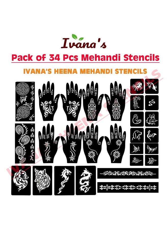إيفاناز مجموعة إيفانا المكونة من 34 قطعة من قوالب الحناء القابلة لإعادة الاستخدام لليدين والمعصم والجسم والظهر والرقبة والوجه، مجموعة قوالب للنساء والفتيات والأطفال، سهلة الاستخدام في 4 خطوات فقط، مجموعة التصميم الهندي، A2175 - Image 2