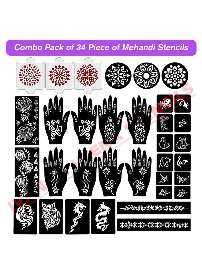 إيفاناز مجموعة إيفانا المكونة من 34 قطعة من قوالب الحناء القابلة لإعادة الاستخدام لليدين والمعصم والجسم والظهر والرقبة والوجه، مجموعة قوالب للنساء والفتيات والأطفال، سهلة الاستخدام في 4 خطوات فقط، مجموعة التصميم الهندي، A2175 - Image 3