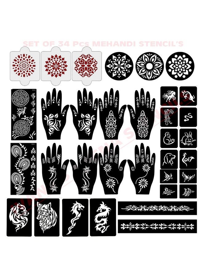 إيفاناز مجموعة إيفانا المكونة من 34 قطعة من قوالب الحناء القابلة لإعادة الاستخدام لليدين والمعصم والجسم والظهر والرقبة والوجه، مجموعة قوالب للنساء والفتيات والأطفال، سهلة الاستخدام في 4 خطوات فقط، مجموعة التصميم الهندي، A2175 - Image 1