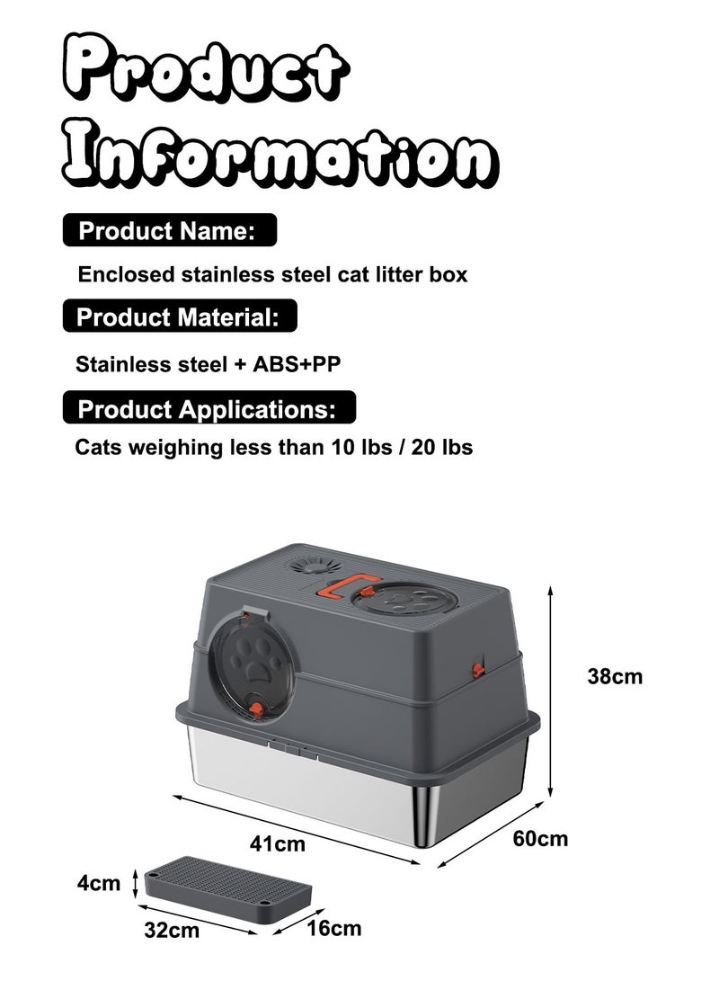 Kidle Large Fully Enclosed Stainless Steel Cat Litter Box with Litter Scoop Cat Toilet Cat Litter Tray High Wall Side Shell Non-Sticky Anti Splashing and Easy Clean 60*41*38cm - Image 5