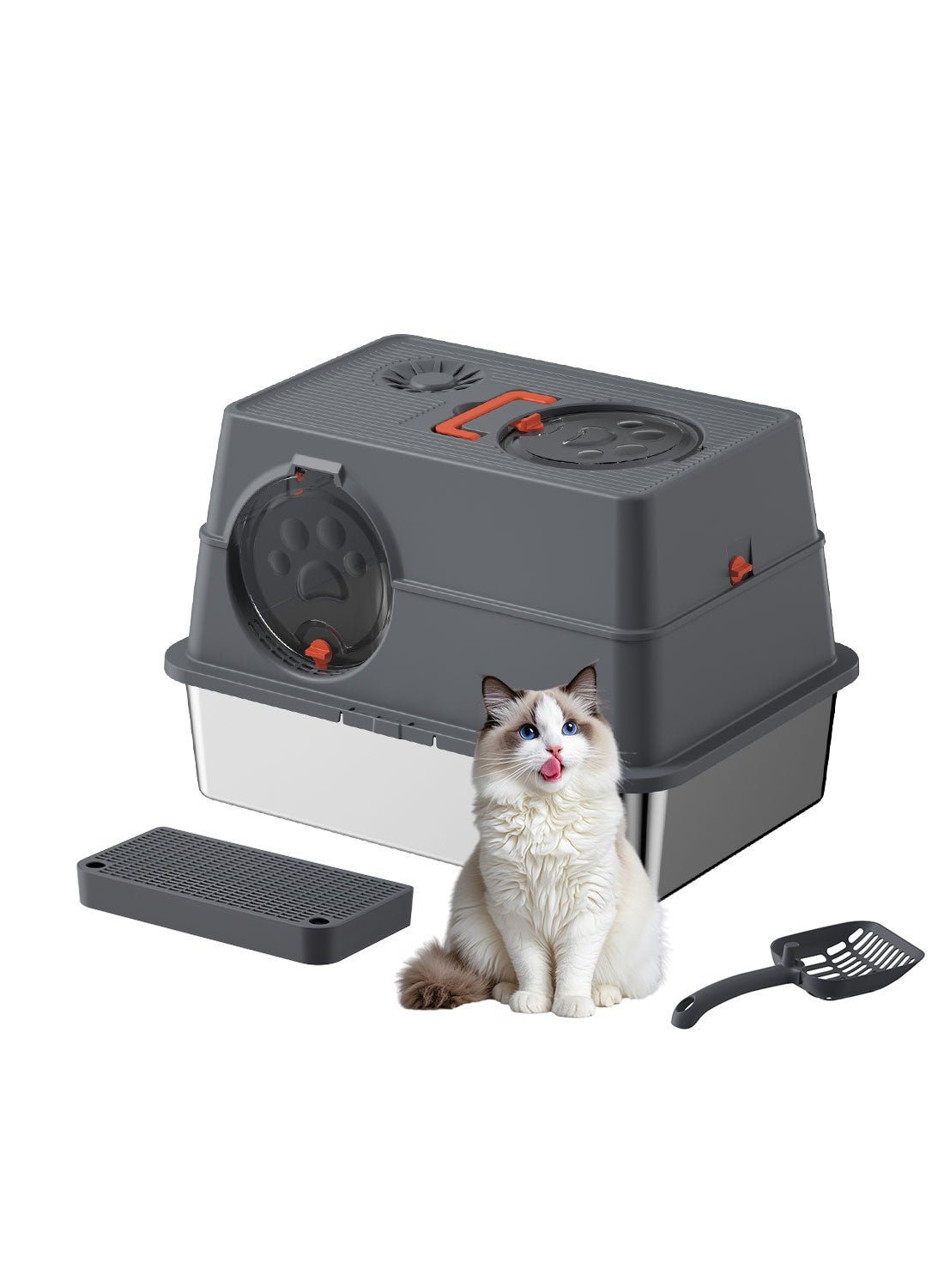 Large Fully Enclosed Stainless Steel Cat Litter Box with Litter Scoop Cat Toilet Cat Litter Tray High Wall Side Shell Non-Sticky Anti Splashing and Easy Clean 60*41*38cm