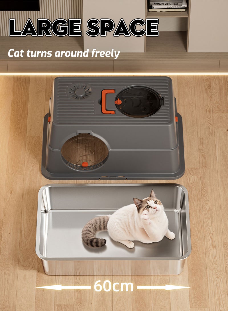 Kidle Large Fully Enclosed Stainless Steel Cat Litter Box with Litter Scoop Cat Toilet Cat Litter Tray High Wall Side Shell Non-Sticky Anti Splashing and Easy Clean 60*41*38cm - Image 3