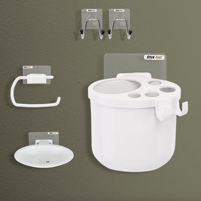 SF - Stick Fast Stick Fast SelfAdhesive Bathroom Combo Set Pack of 4pcs with 3M Sticker for Wall Mount for Home Washroom Kitchen Double Hook Toothbrush Holder Soap Holder Toilet Paper Holder - Image 1