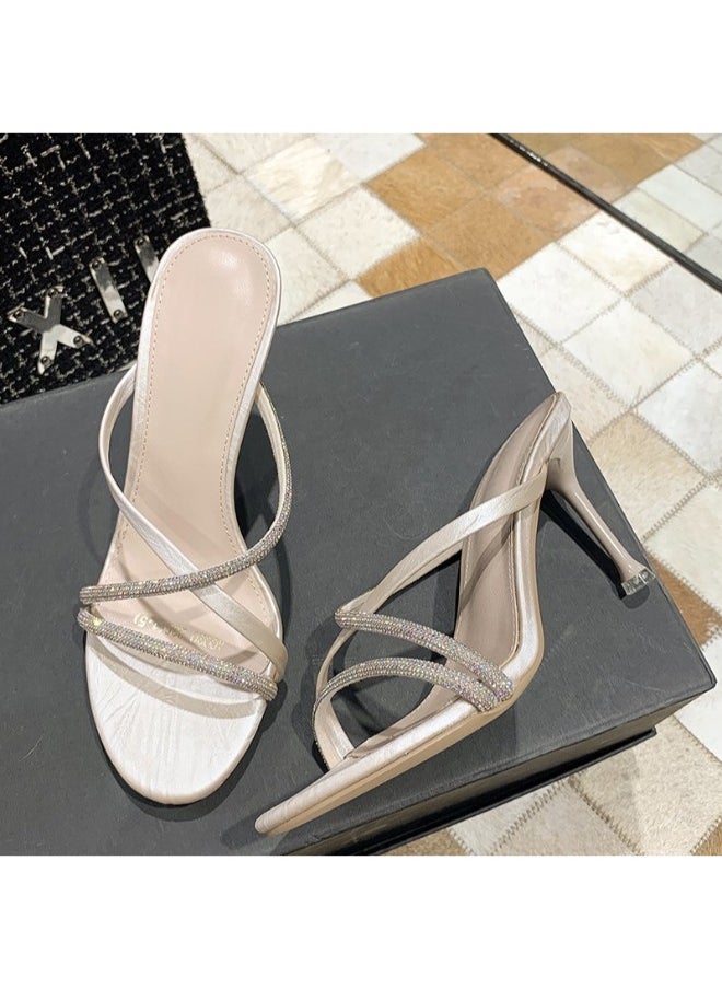 Rup Art Trendy Glittery Strap High Heels Formal Sandals Bling Crystal Design Slippers For Women Heel Sandals Stripper Heels Open Mules Wedding Shoes Summer  - Image 3