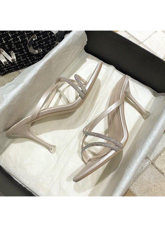 Rup Art Trendy Glittery Strap High Heels Formal Sandals Bling Crystal Design Slippers For Women Heel Sandals Stripper Heels Open Mules Wedding Shoes Summer  - Image 4