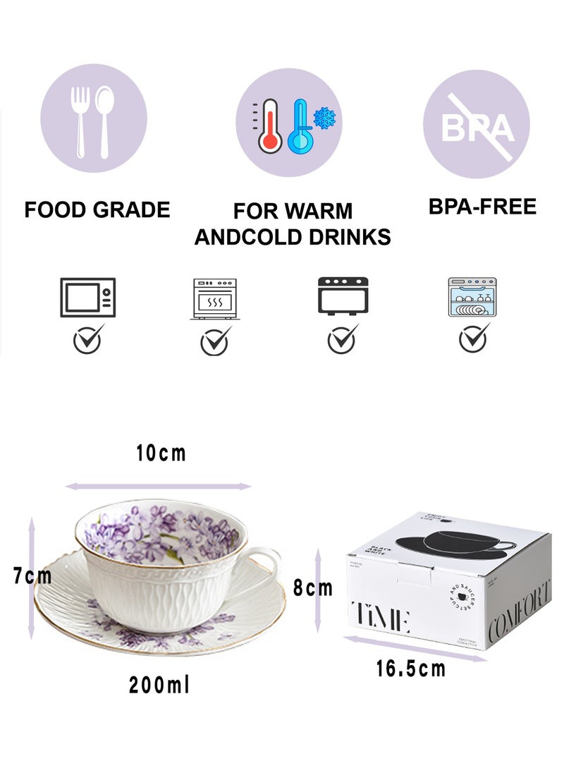 200Ml Porcelain Coffee Cup and Saucer Set - Purple Lilac Flower Pattern with Gold Trim, Elegant Tea/Coffee Drinkware for Home & Gifting - Image 2