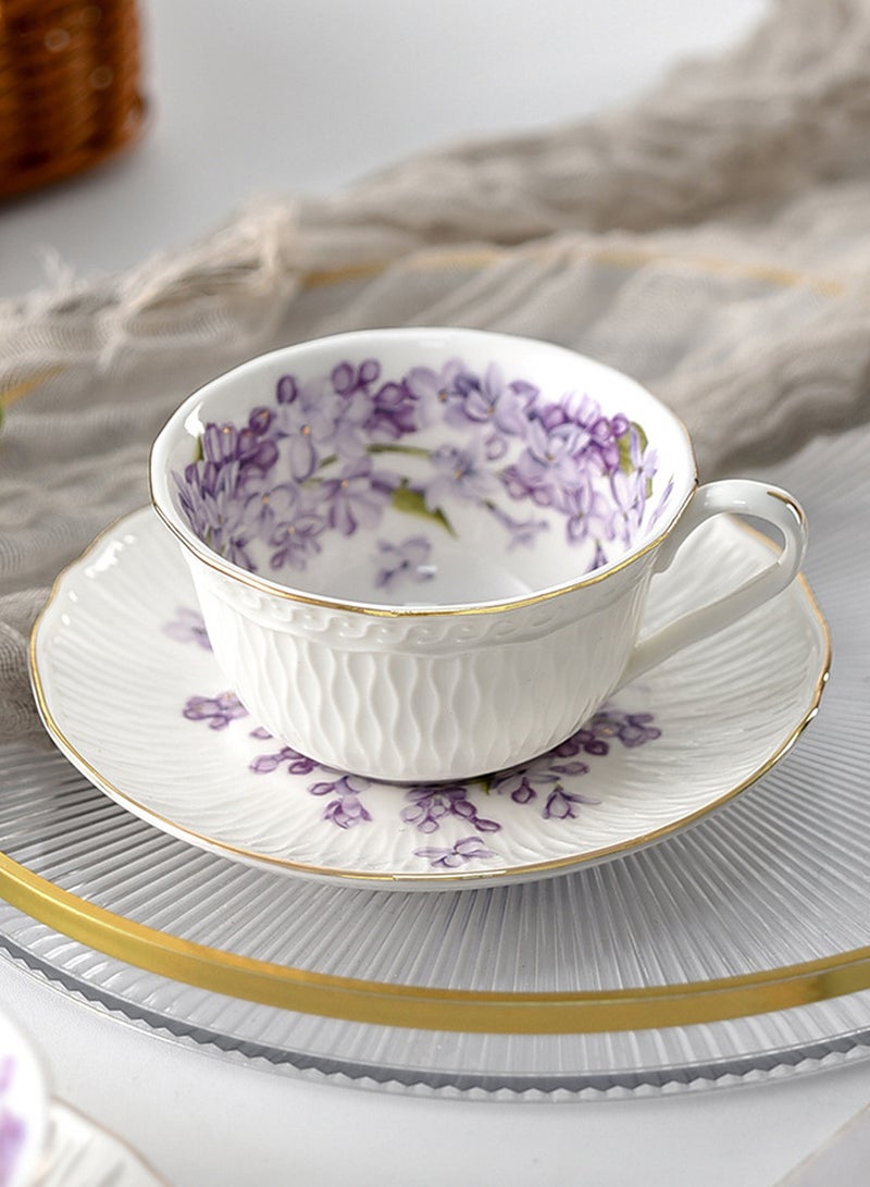 200Ml Porcelain Coffee Cup and Saucer Set - Purple Lilac Flower Pattern with Gold Trim, Elegant Tea/Coffee Drinkware for Home & Gifting - Image 1