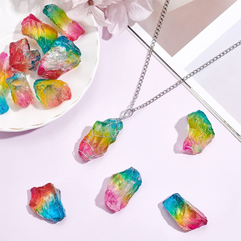 NBEADS 200g Rainbow Titanium Coated Rough Crystal Point Raw Rock Quartz Cluster Specimen Stones, No Hole Dyed Tourmaline Plating Natural Quartz Crystal Beads for Crafts Decor Vase Filler, About 8 Pcs - Image 4