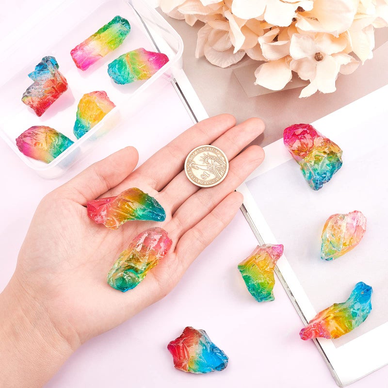NBEADS 200g Rainbow Titanium Coated Rough Crystal Point Raw Rock Quartz Cluster Specimen Stones, No Hole Dyed Tourmaline Plating Natural Quartz Crystal Beads for Crafts Decor Vase Filler, About 8 Pcs - Image 3