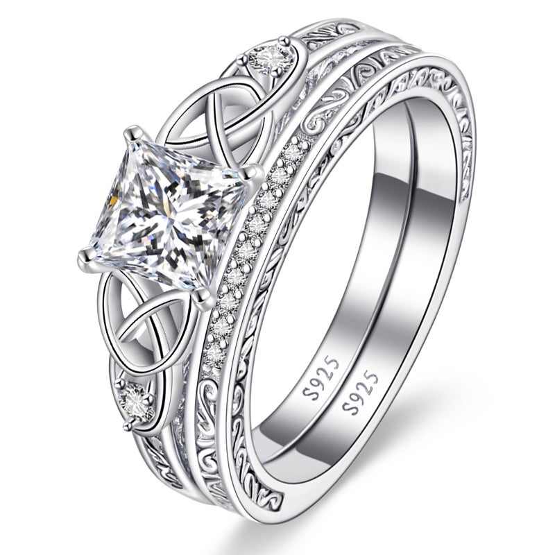 Yaresul Women's Bridal Rings Sets Princess Cut Engagement Ring 925 Sterling Silver Princess Cut Wedding Rings for Women Wedding Ring Set for Women Cubic Zirconia Engagement Rings Size 8 - Image 2