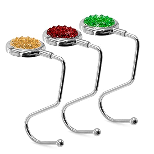 TANOSII Purse Hook Mental Clutch Holder Handbag Rhinestone Hanger for Table Desk Reverse 3 Packs Red Yellow Green - Image 1