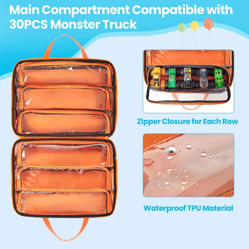 CURMIO Monster Trucks Carrying Case Compatible with Monster Jam, Monster Truck Bag Holding 34 1:64 Scale Toy Cars, Navy-Orange, Bag Only - Image 2