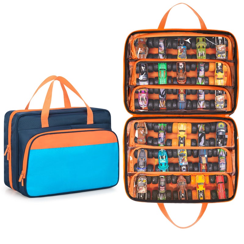 CURMIO Monster Trucks Carrying Case Compatible with Monster Jam, Monster Truck Bag Holding 34 1:64 Scale Toy Cars, Navy-Orange, Bag Only - Image 1
