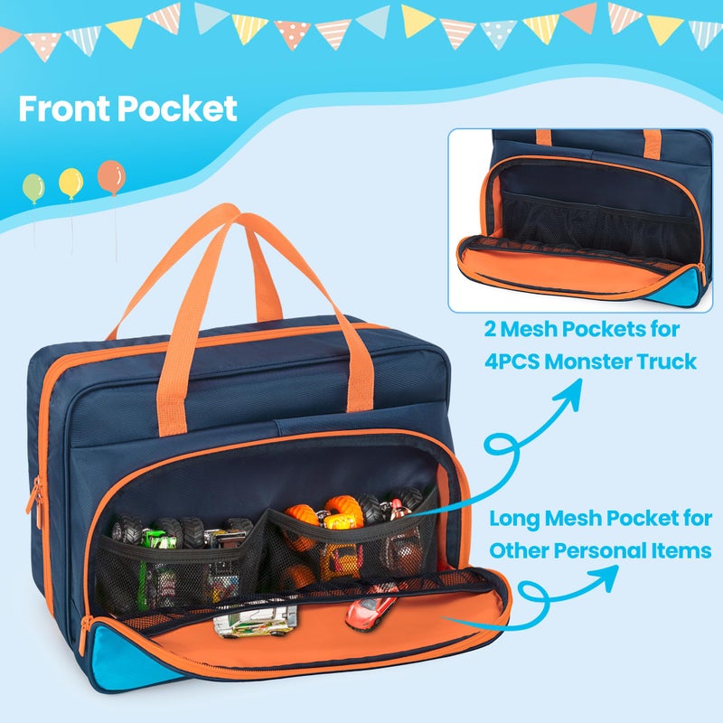 CURMIO Monster Trucks Carrying Case Compatible with Monster Jam, Monster Truck Bag Holding 34 1:64 Scale Toy Cars, Navy-Orange, Bag Only - Image 3